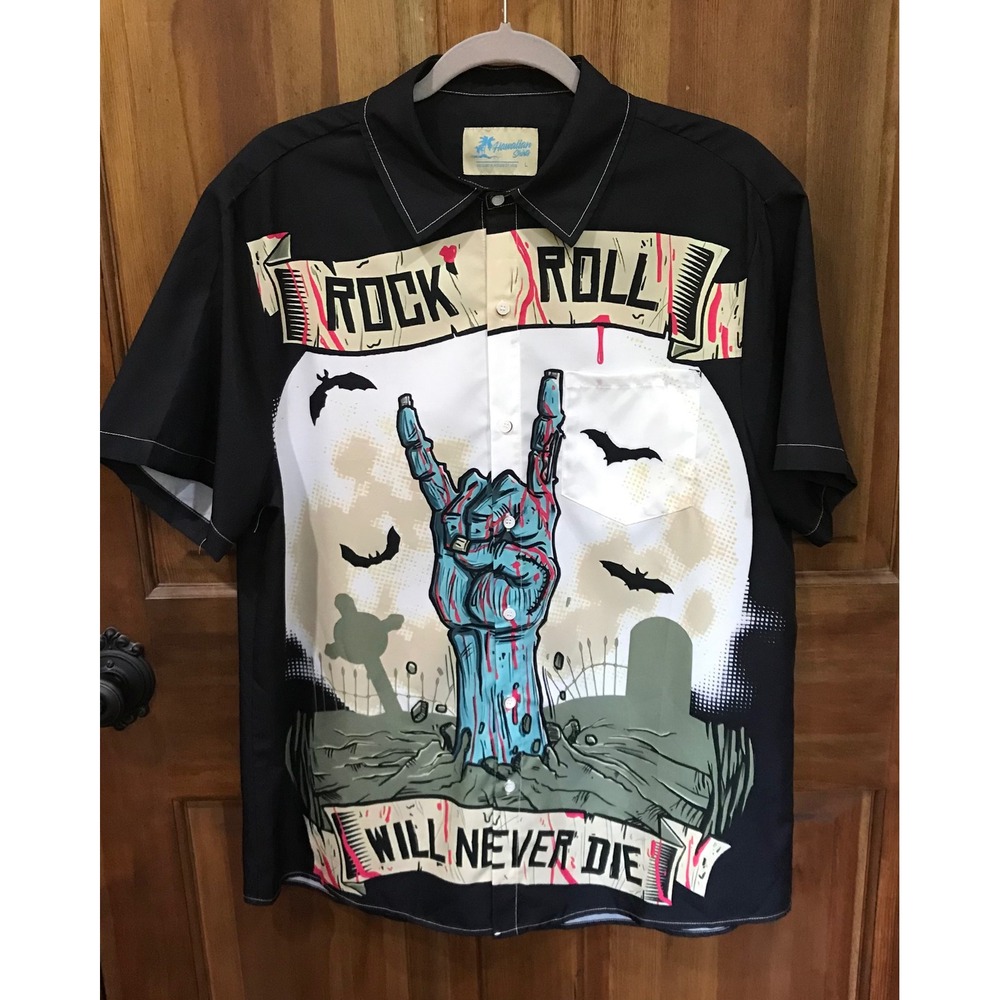 Hawaiian‎ Shirts Mens Large Black Rock Roll Will Never Die Zombie Graphic Shirt